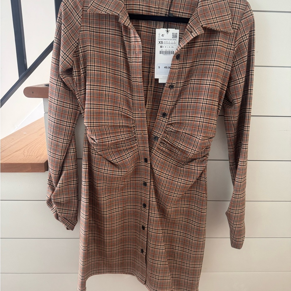 Zara Brown Plaid Shirt Dress